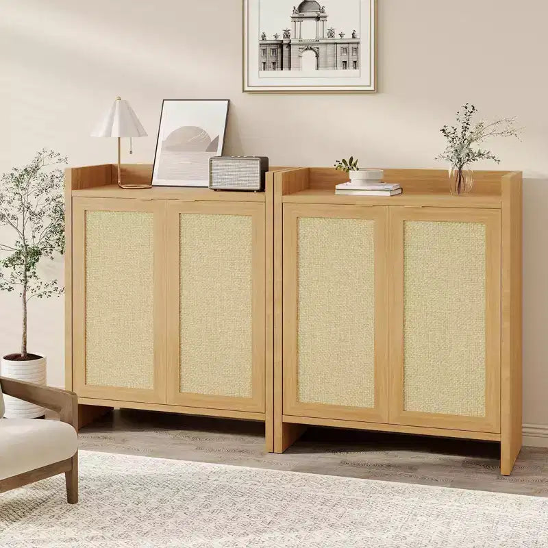 Rattan Shoe Storage Cabinet for Entryway  Ventilated Wood Grain Shoe Cabinet with Adjustable Shelves  Warm Rattan Door Storage for Hallway & Kitchen