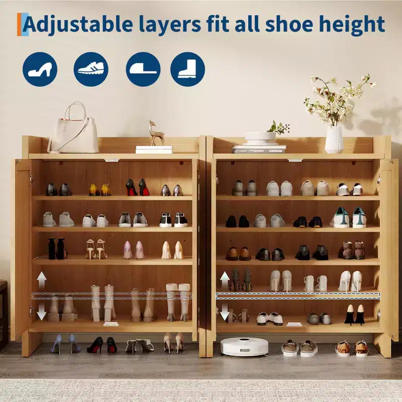 Rattan Shoe Storage Cabinet for Entryway  Ventilated Wood Grain Shoe Cabinet with Adjustable Shelves  Warm Rattan Door Storage for Hallway & Kitchen