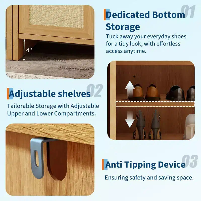 Rattan Shoe Storage Cabinet for Entryway  Ventilated Wood Grain Shoe Cabinet with Adjustable Shelves  Warm Rattan Door Storage for Hallway & Kitchen