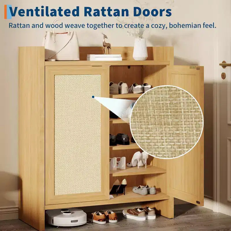 Rattan Shoe Storage Cabinet for Entryway  Ventilated Wood Grain Shoe Cabinet with Adjustable Shelves  Warm Rattan Door Storage for Hallway & Kitchen