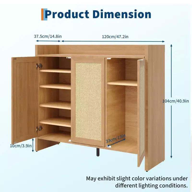 Rattan Shoe Storage Cabinet for Entryway  Ventilated Wood Grain Shoe Cabinet with Adjustable Shelves  Warm Rattan Door Storage for Hallway & Kitchen