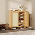 Rattan Shoe Storage Cabinet for Entryway  Ventilated Wood Grain Shoe Cabinet with Adjustable Shelves  Warm Rattan Door Storage for Hallway & Kitchen
