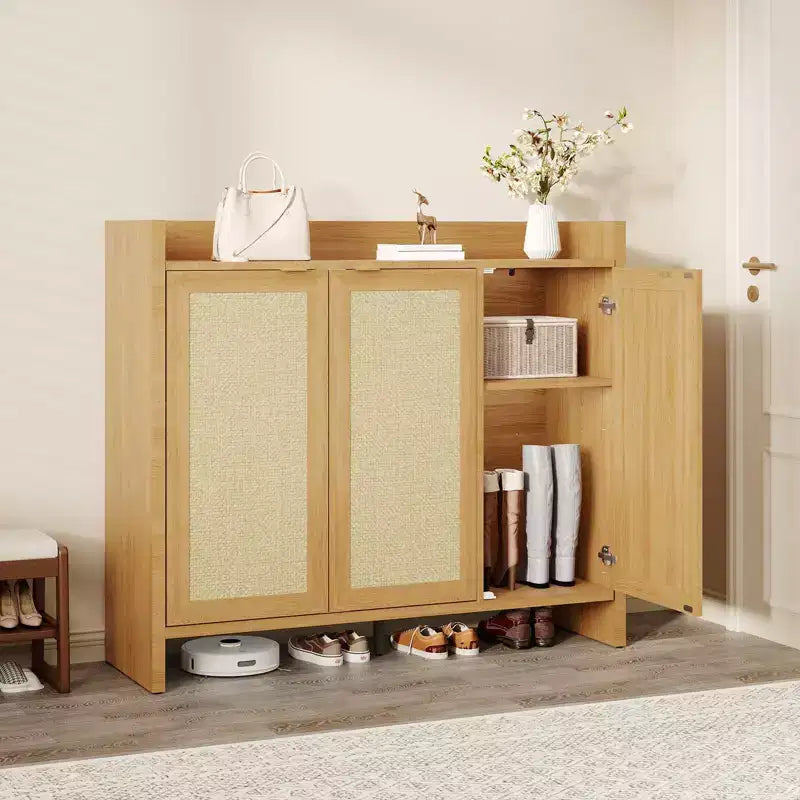 Rattan Shoe Storage Cabinet for Entryway  Ventilated Wood Grain Shoe Cabinet with Adjustable Shelves  Warm Rattan Door Storage for Hallway & Kitchen