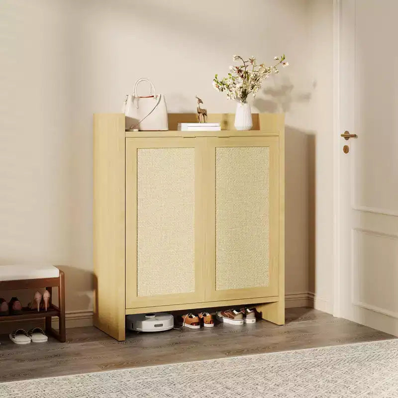 Rattan Shoe Storage Cabinet for Entryway  Ventilated Wood Grain Shoe Cabinet with Adjustable Shelves  Warm Rattan Door Storage for Hallway & Kitchen