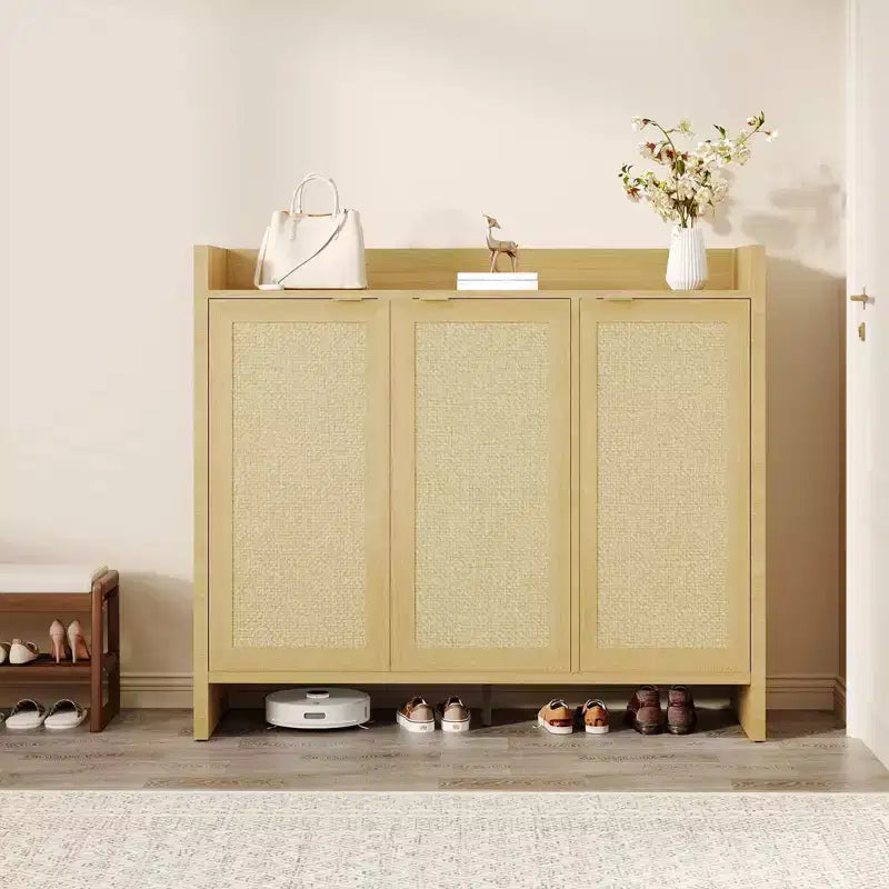 Rattan Shoe Storage Cabinet for Entryway  Ventilated Wood Grain Shoe Cabinet with Adjustable Shelves  Warm Rattan Door Storage for Hallway & Kitchen