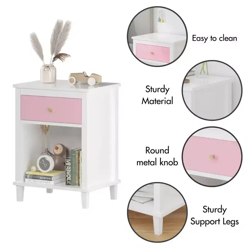 TUYOHW 26.77H Wood Nightstand with Drawer & Open Shelf,Bedside Table with Metal Handles for Kids,Adults,Bedrooms