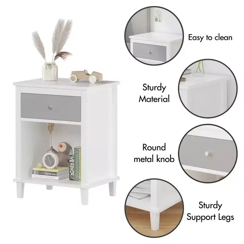 TUYOHW 26.77H Wood Nightstand with Drawer & Open Shelf,Bedside Table with Metal Handles for Kids,Adults,Bedrooms