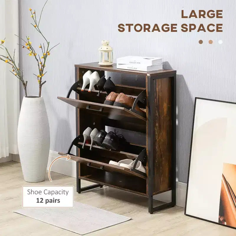 Industrial Shoe Cabinet with 2 Flip Drawers, Freestanding Shoe Storage Cabinet for 12 Pairs, Narrow Slim Shoe Rack for Entryway, Hallway