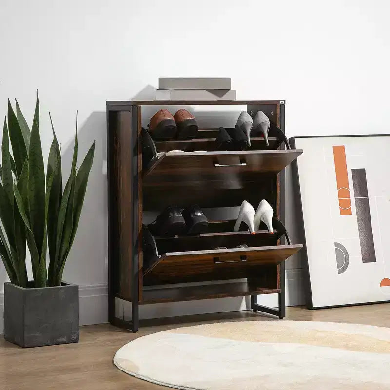 Industrial Shoe Cabinet with 2 Flip Drawers, Freestanding Shoe Storage Cabinet for 12 Pairs, Narrow Slim Shoe Rack for Entryway, Hallway