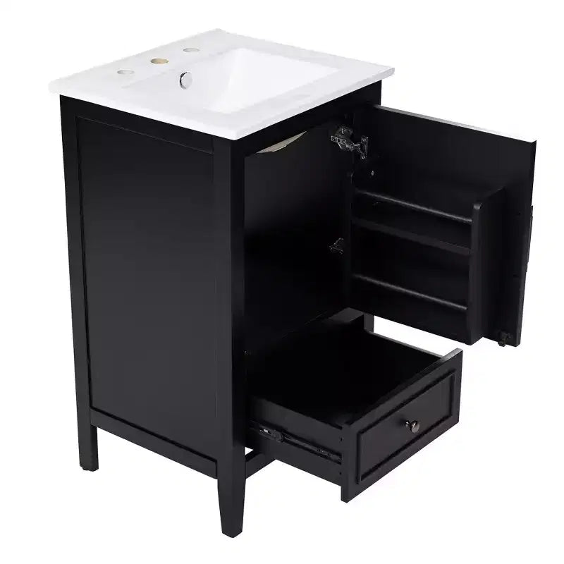 30 Small Bathroom Vanity Sink Combo with Storage , Wood Bathroom Floor Cabinet with Drawers and Door, Black