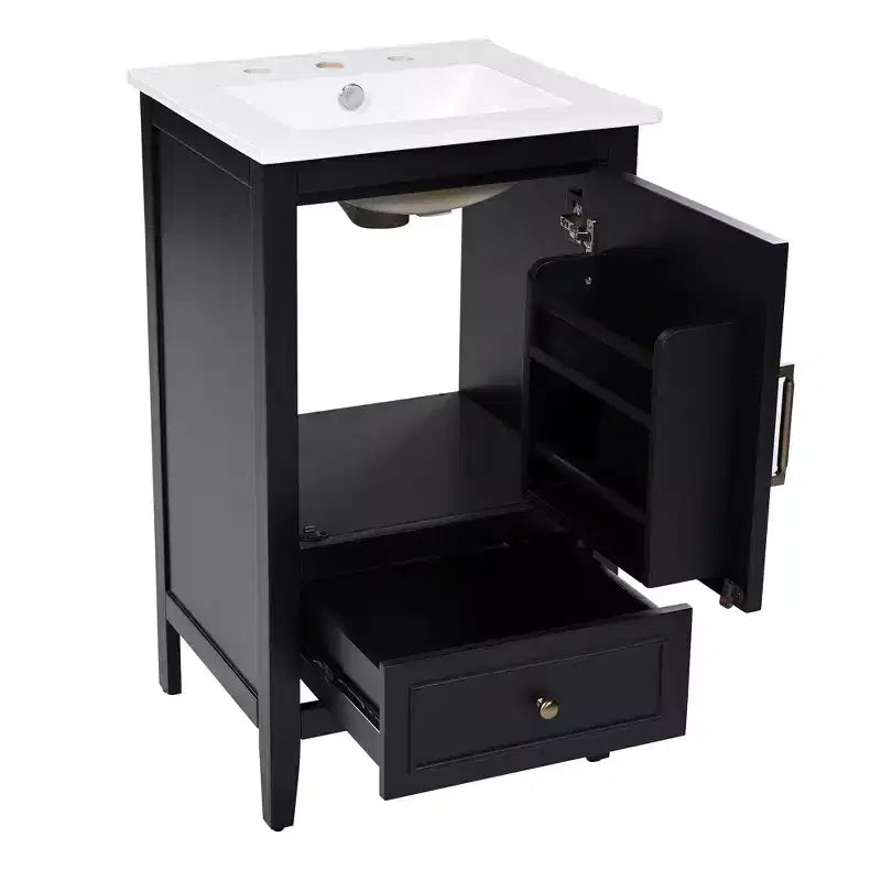 30 Small Bathroom Vanity Sink Combo with Storage , Wood Bathroom Floor Cabinet with Drawers and Door, Black