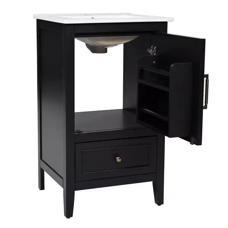 30 Small Bathroom Vanity Sink Combo with Storage , Wood Bathroom Floor Cabinet with Drawers and Door, Black
