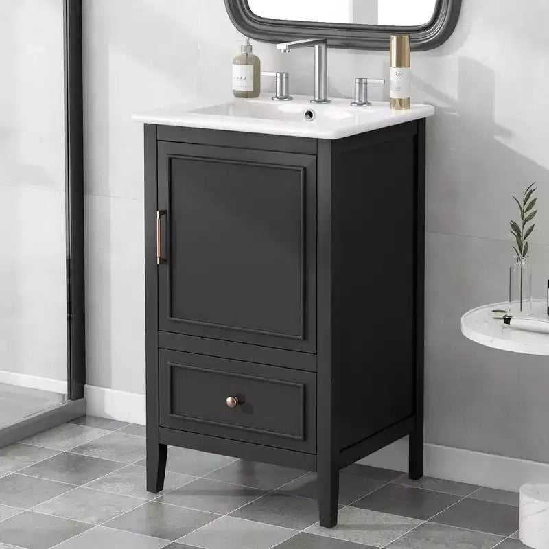30 Small Bathroom Vanity Sink Combo with Storage , Wood Bathroom Floor Cabinet with Drawers and Door, Black