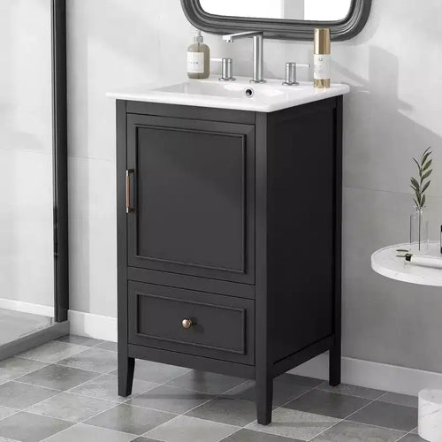30 Small Bathroom Vanity Sink Combo with Storage , Wood Bathroom Floor Cabinet with Drawers and Door, Black
