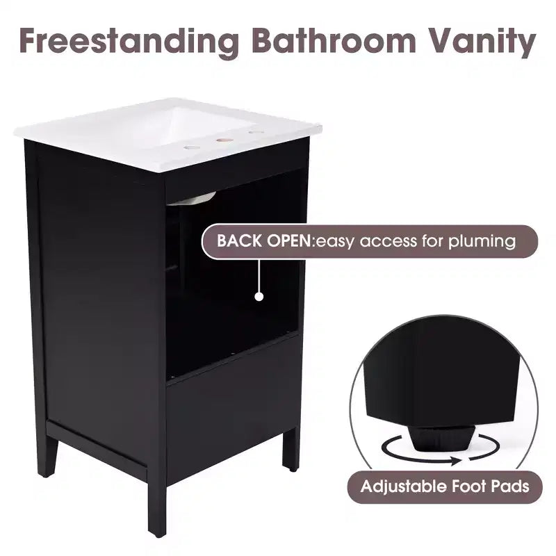 30 Small Bathroom Vanity Sink Combo with Storage , Wood Bathroom Floor Cabinet with Drawers and Door, Black