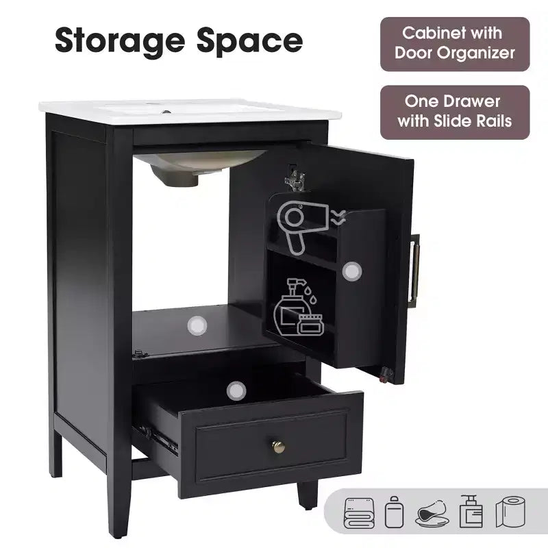 30 Small Bathroom Vanity Sink Combo with Storage , Wood Bathroom Floor Cabinet with Drawers and Door, Black
