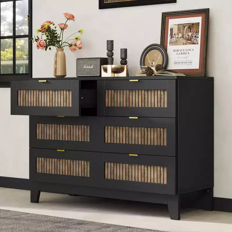 Whisen Rustic Farmhouse Style Wooden Dresser with 6 Drawers, Storage Cabinet, Metal Handles