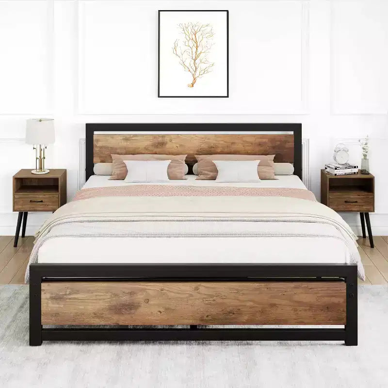 Bed Frame with Wooden Headboard, 14 Inch Heavy Duty Industrial Metal Platform Bed Frame with Under Bed Storage, No Box Spring Needed