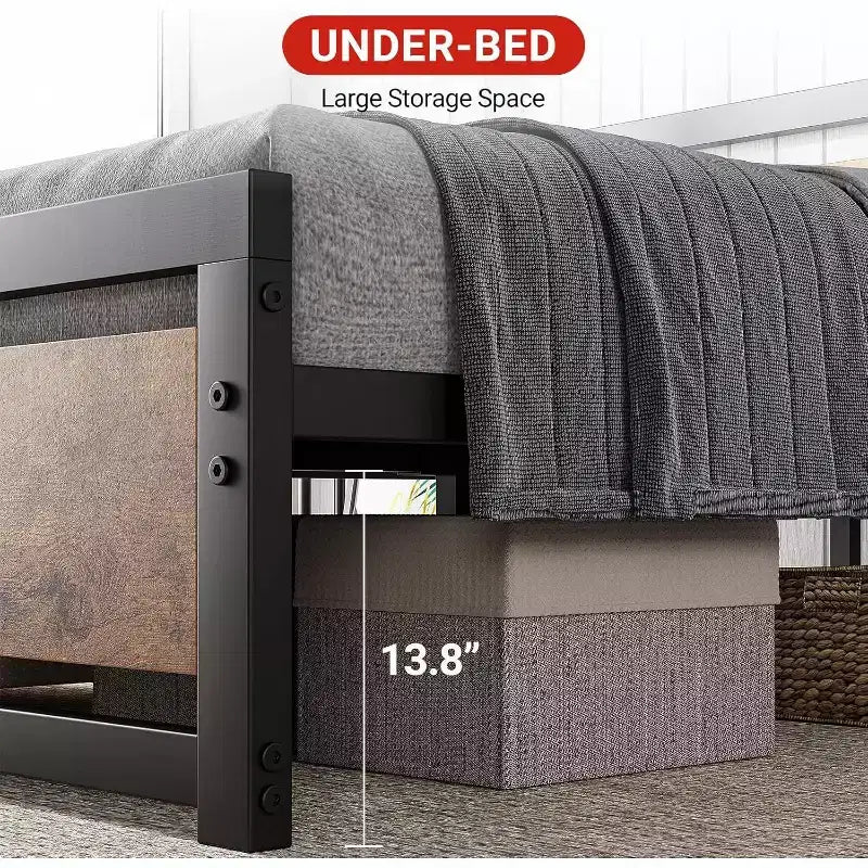 Bed Frame with Wooden Headboard, 14 Inch Heavy Duty Industrial Metal Platform Bed Frame with Under Bed Storage, No Box Spring Needed