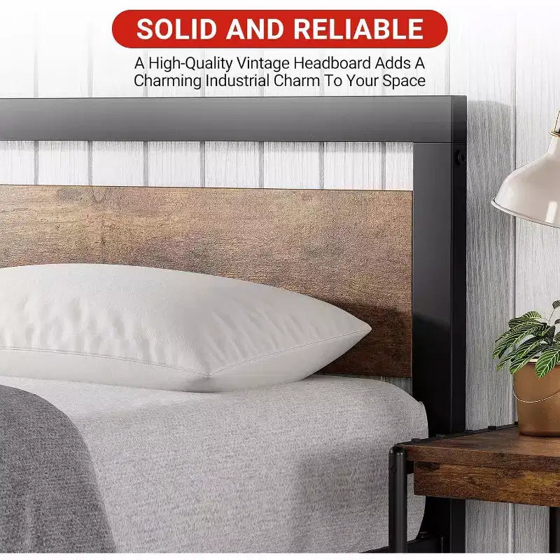 Bed Frame with Wooden Headboard, 14 Inch Heavy Duty Industrial Metal Platform Bed Frame with Under Bed Storage, No Box Spring Needed