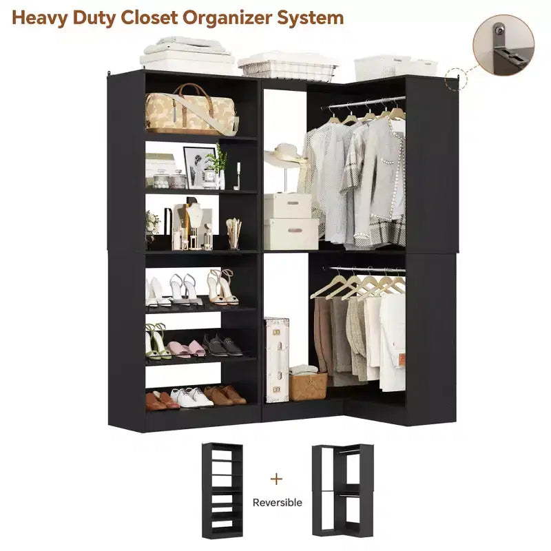 Besiost Corner Closet Organizer with 2 Hanging Rods, Walk-In Closet System with Shoe Rack