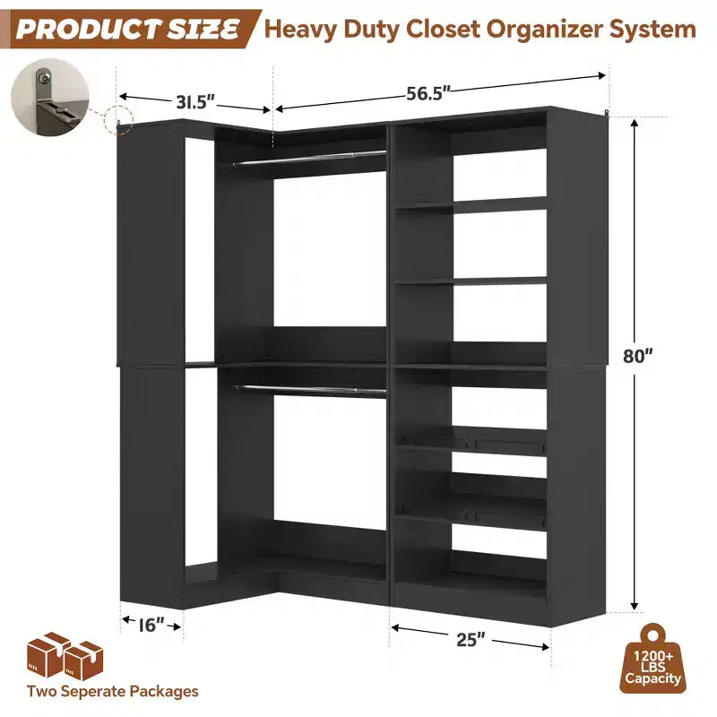 Besiost Corner Closet Organizer with 2 Hanging Rods, Walk-In Closet System with Shoe Rack