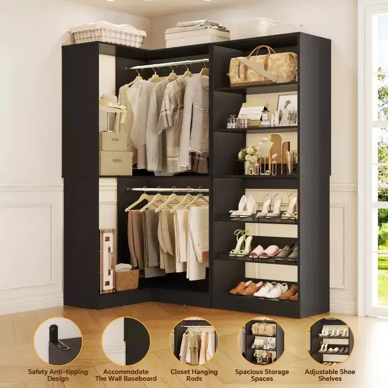 Besiost Corner Closet Organizer with 2 Hanging Rods, Walk-In Closet System with Shoe Rack