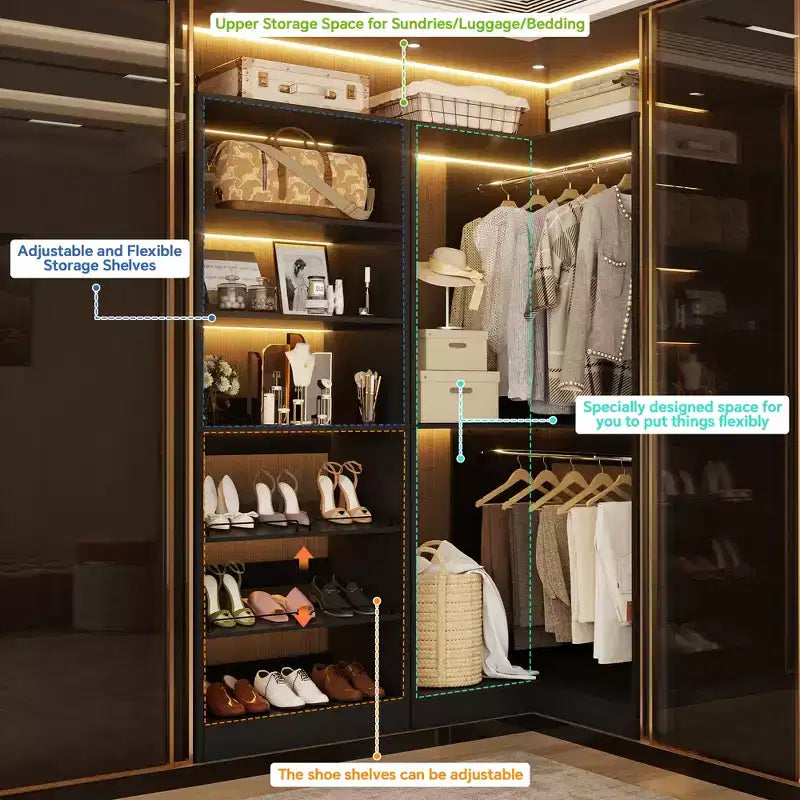 Besiost Corner Closet Organizer with 2 Hanging Rods, Walk-In Closet System with Shoe Rack