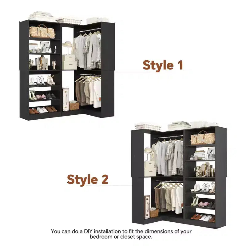 Besiost Corner Closet Organizer with 2 Hanging Rods, Walk-In Closet System with Shoe Rack