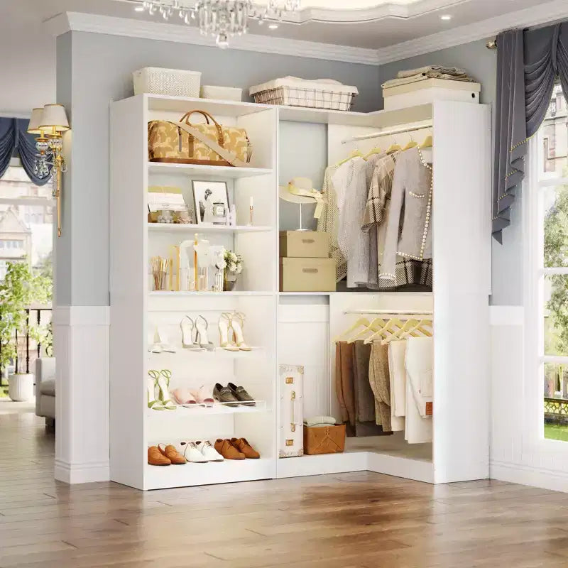 Besiost Corner Closet Organizer with 2 Hanging Rods, Walk-In Closet System with Shoe Rack