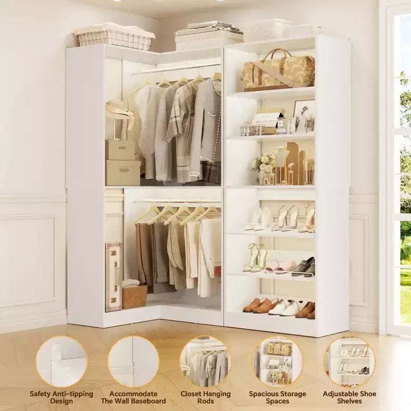 Besiost Corner Closet Organizer with 2 Hanging Rods, Walk-In Closet System with Shoe Rack
