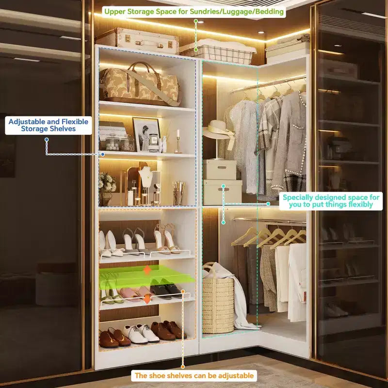 Besiost Corner Closet Organizer with 2 Hanging Rods, Walk-In Closet System with Shoe Rack