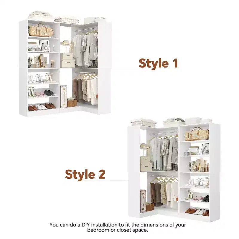 Besiost Corner Closet Organizer with 2 Hanging Rods, Walk-In Closet System with Shoe Rack