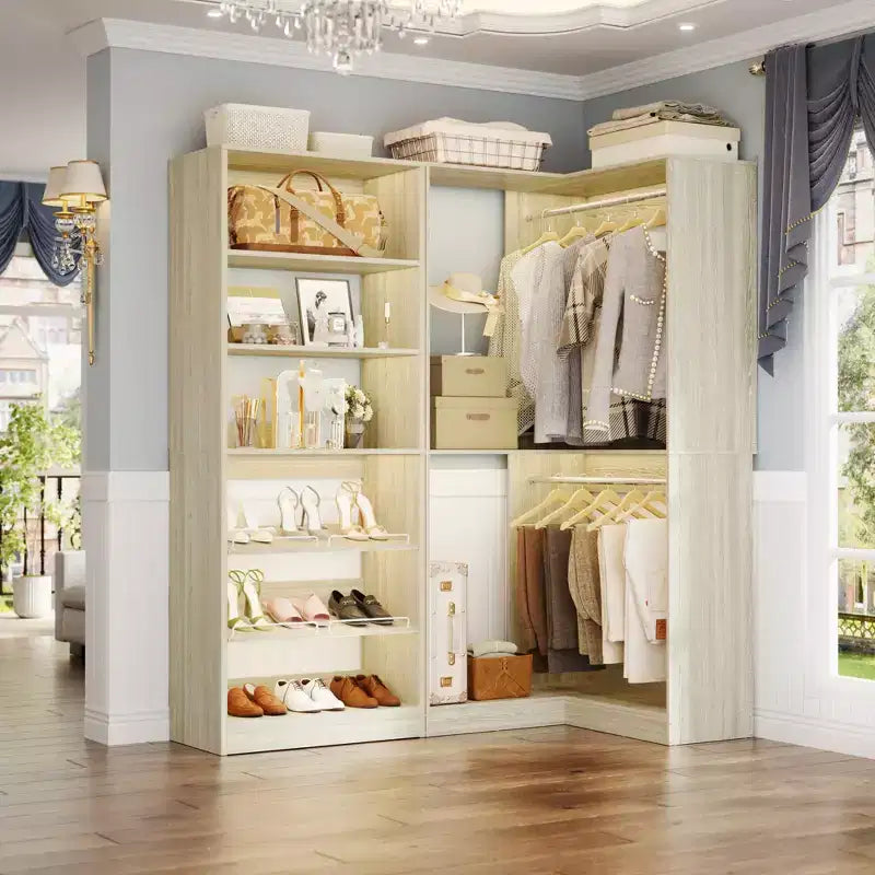 Besiost Corner Closet Organizer with 2 Hanging Rods, Walk-In Closet System with Shoe Rack