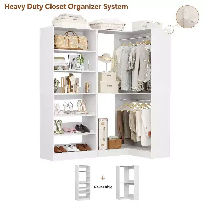 Besiost Corner Closet Organizer with 2 Hanging Rods, Walk-In Closet System with Shoe Rack