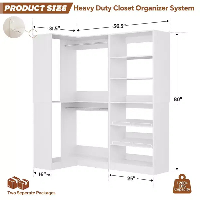 Besiost Corner Closet Organizer with 2 Hanging Rods, Walk-In Closet System with Shoe Rack