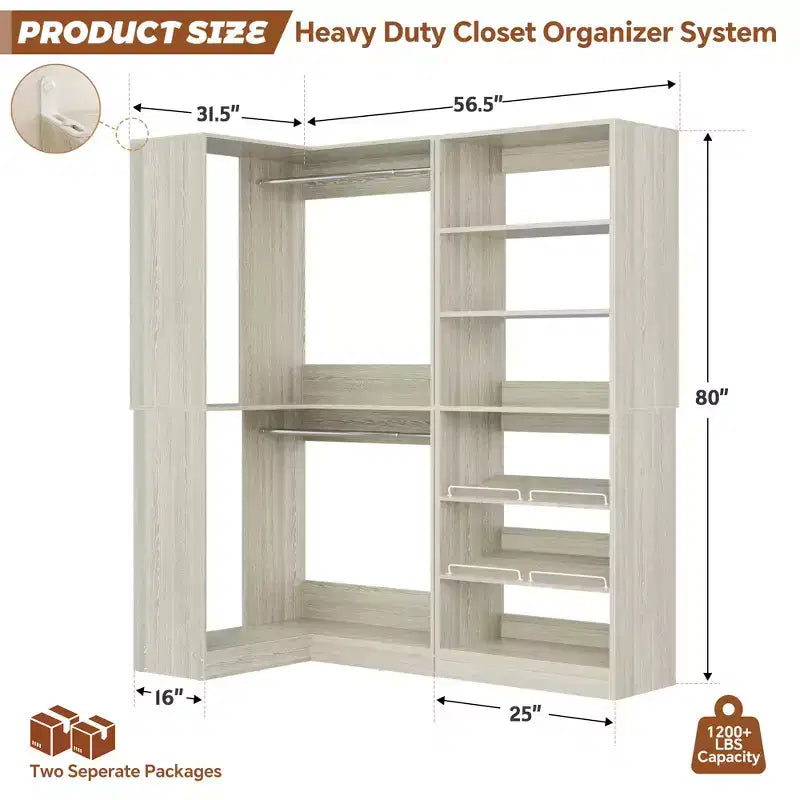 Besiost Corner Closet Organizer with 2 Hanging Rods, Walk-In Closet System with Shoe Rack