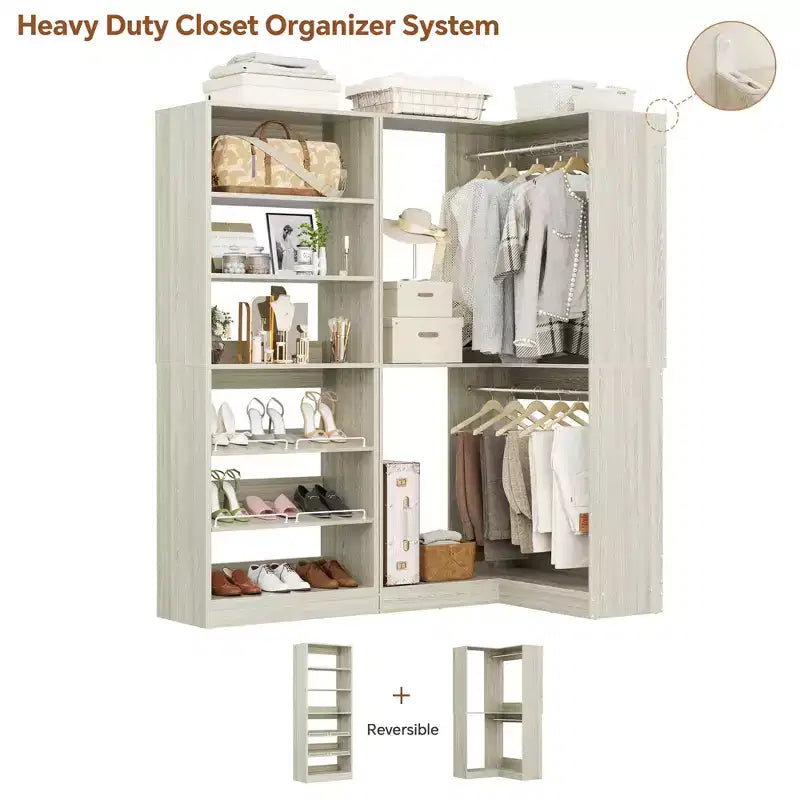 Besiost Corner Closet Organizer with 2 Hanging Rods, Walk-In Closet System with Shoe Rack