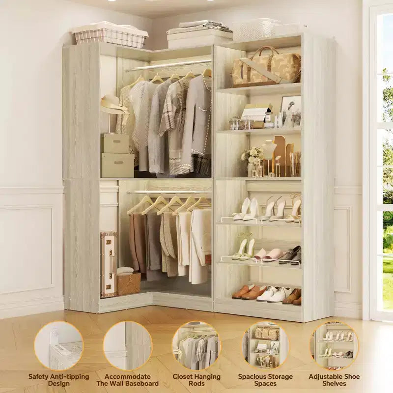 Besiost Corner Closet Organizer with 2 Hanging Rods, Walk-In Closet System with Shoe Rack