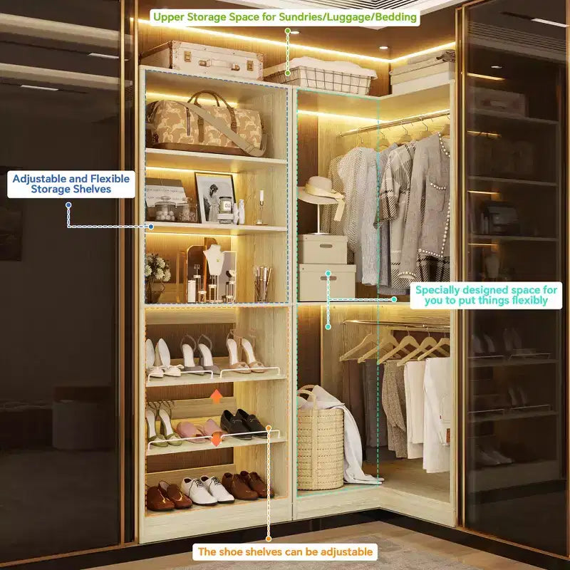 Besiost Corner Closet Organizer with 2 Hanging Rods, Walk-In Closet System with Shoe Rack