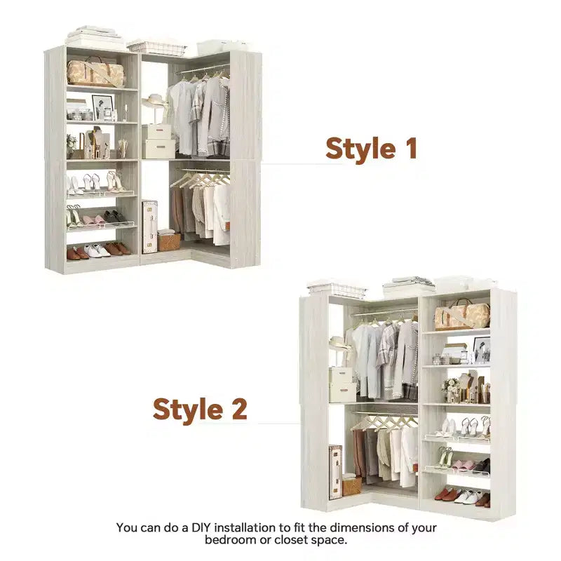 Besiost Corner Closet Organizer with 2 Hanging Rods, Walk-In Closet System with Shoe Rack