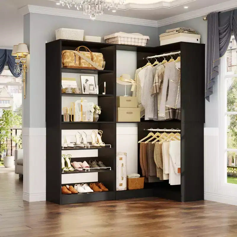 Besiost Corner Closet Organizer with 2 Hanging Rods, Walk-In Closet System with Shoe Rack