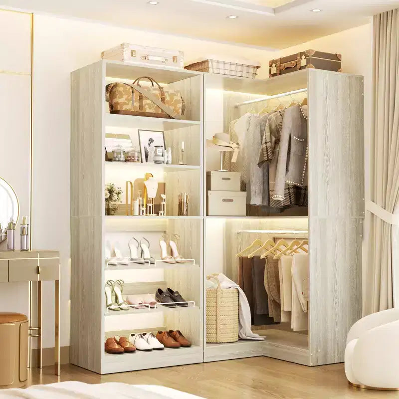 Besiost Corner Closet Organizer with 2 Hanging Rods, Walk-In Closet System with Shoe Rack
