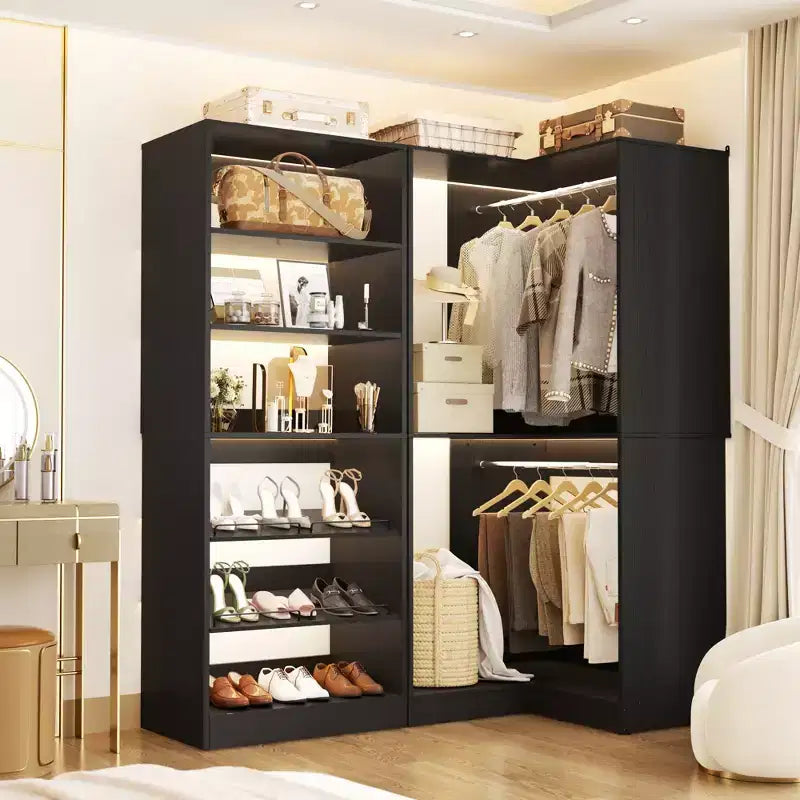 Besiost Corner Closet Organizer with 2 Hanging Rods, Walk-In Closet System with Shoe Rack