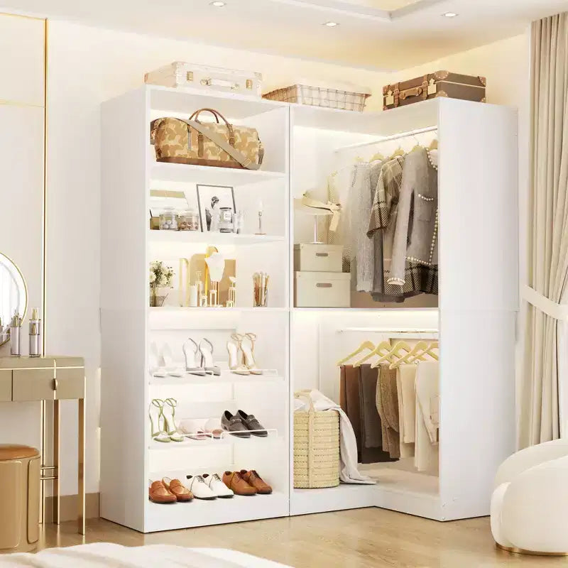 Besiost Corner Closet Organizer with 2 Hanging Rods, Walk-In Closet System with Shoe Rack