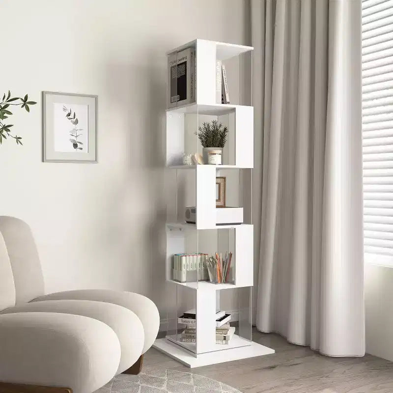 6-Tier 360 Rotating Bookcase, Narrow Wood Shelf with Acrylic Panels, Floor Organizer for Bedroom, Living Room, Study