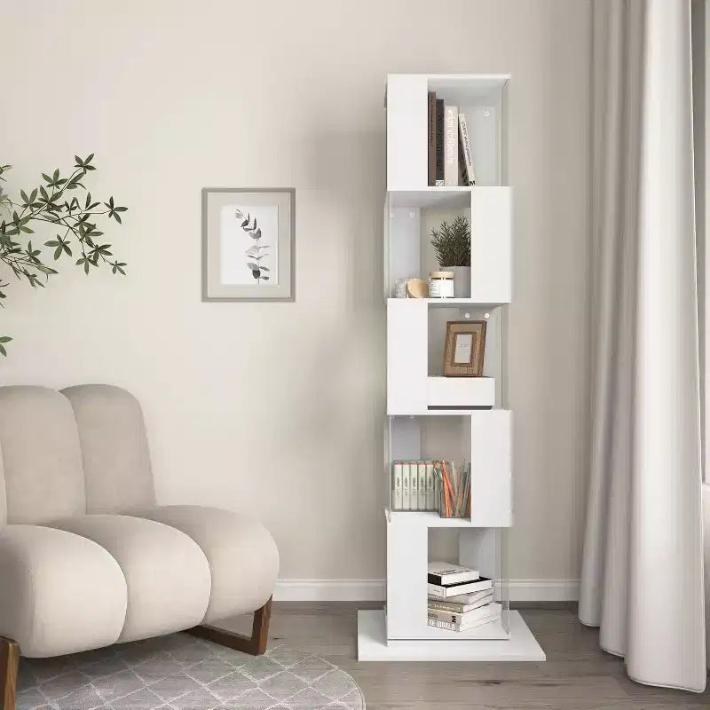 6-Tier 360 Rotating Bookcase, Narrow Wood Shelf with Acrylic Panels, Floor Organizer for Bedroom, Living Room, Study
