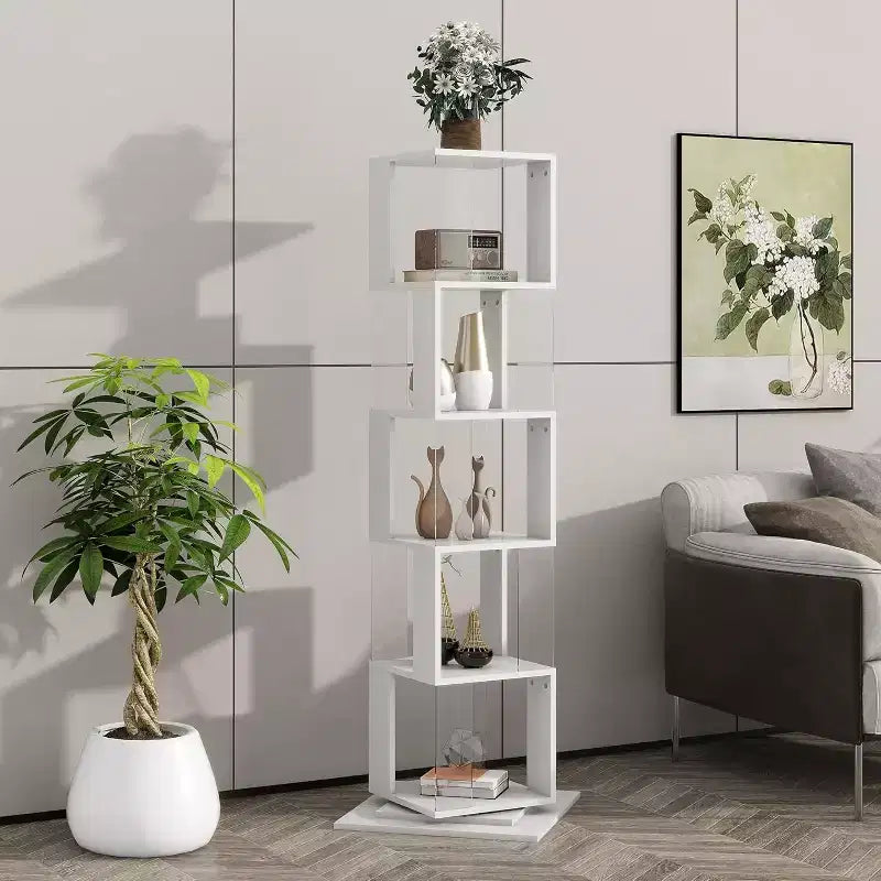 6-Tier 360 Rotating Bookcase, Narrow Wood Shelf with Acrylic Panels, Floor Organizer for Bedroom, Living Room, Study