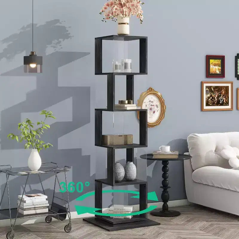 6-Tier 360 Rotating Bookcase, Narrow Wood Shelf with Acrylic Panels, Floor Organizer for Bedroom, Living Room, Study