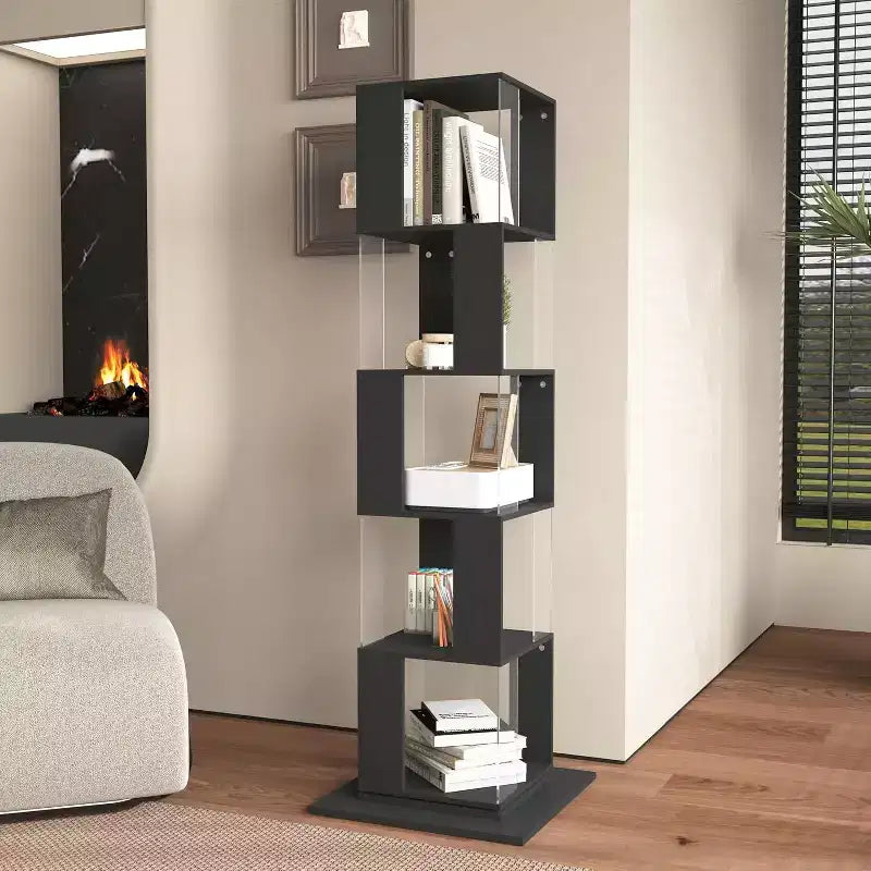 6-Tier 360 Rotating Bookcase, Narrow Wood Shelf with Acrylic Panels, Floor Organizer for Bedroom, Living Room, Study